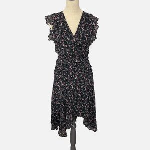 AllSaints Caris Sketch Dress Boho Floral Print on Black Ruffles Lined Size 6 EUC